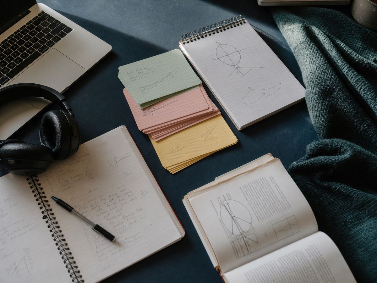 Study materials arranged in several formats around a laptop