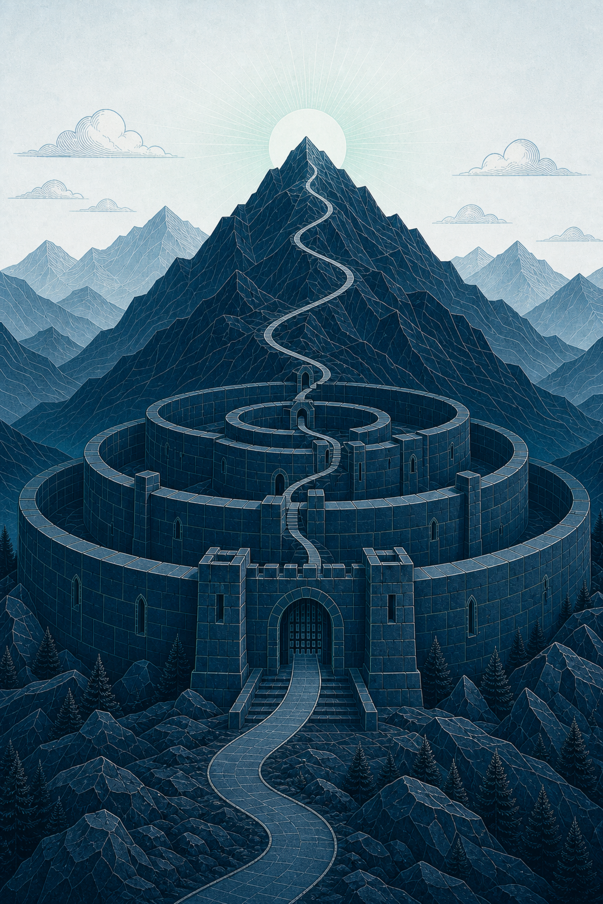 A layered circular stone fortress at the base of a deep teal mountain. A faint path runs from the fortress gate up switchbacks toward the summit, where the sun is rising.